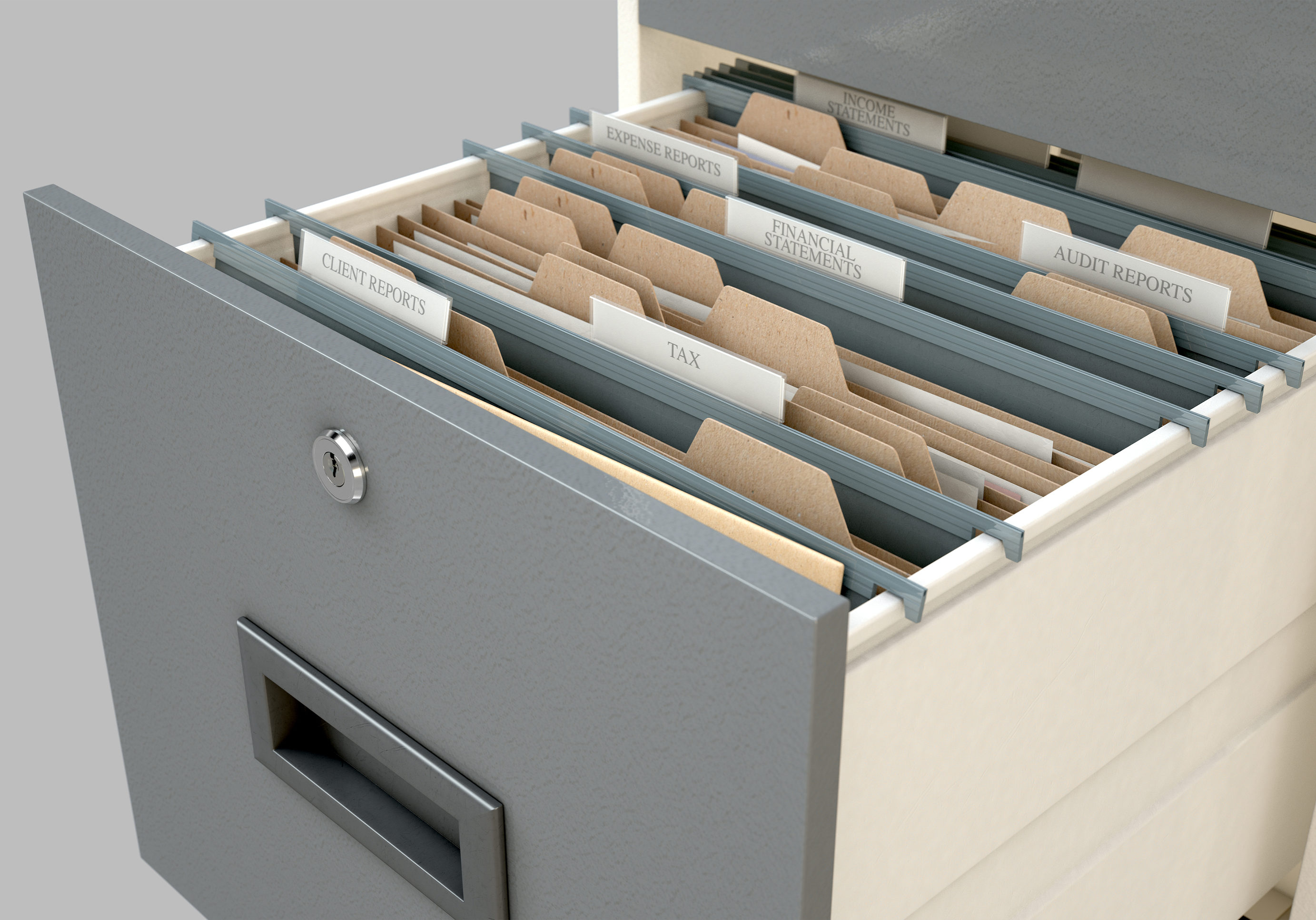 A 3D render closeup view of an open filing cabinet drawer revealling income tax related documents inside